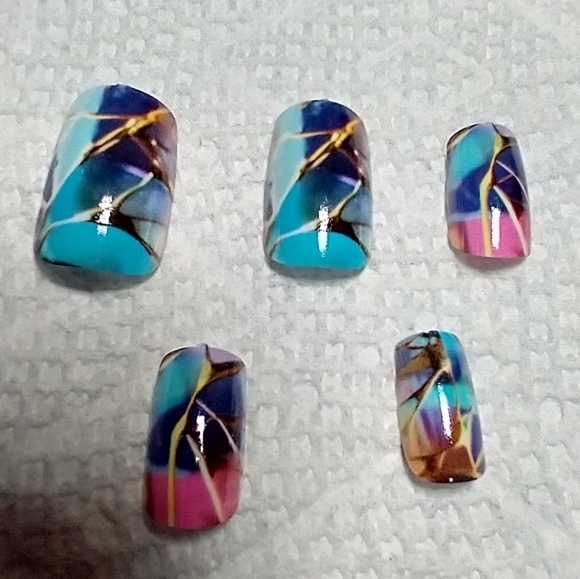 Press on nails lightning blue pink brown art nail set - Picture 1 of 2